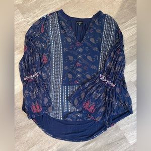 LUCKY BRAND :Lightweight, Long Sleeve, Navy Blue, Tan, Red Pattern , Embroidery